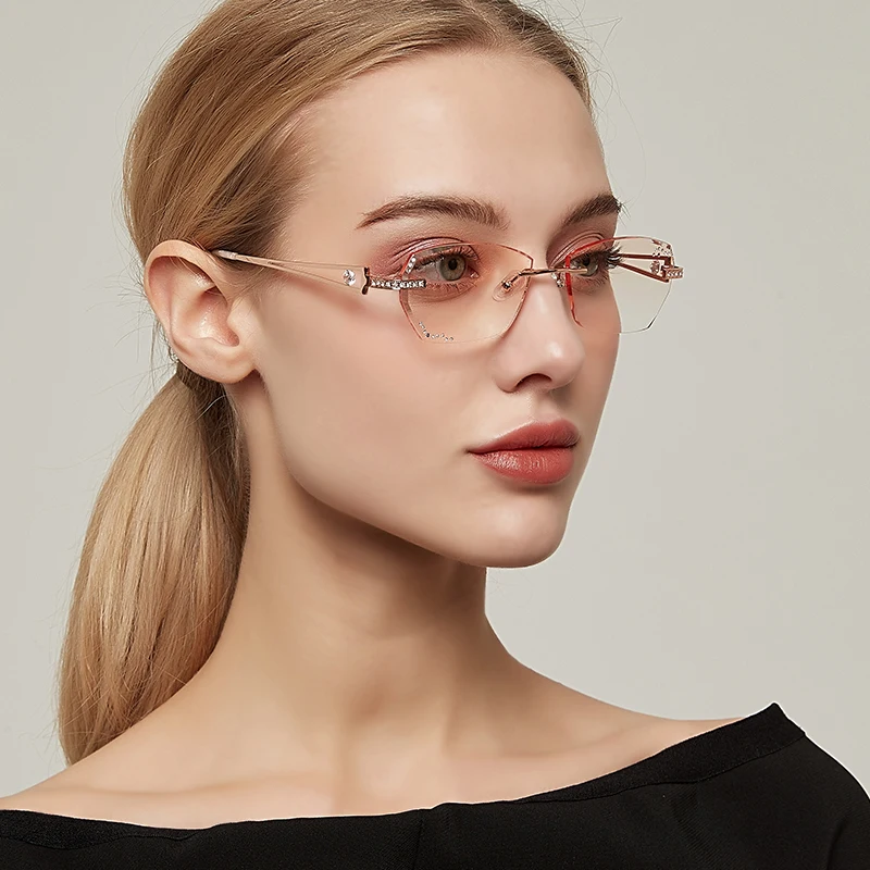 Fashion Shining Diamond Rimless Glasses Women Tinted Lenses Optical Eyewear Myopia Eyeglasses Anti-Reflection UV Gorgeously