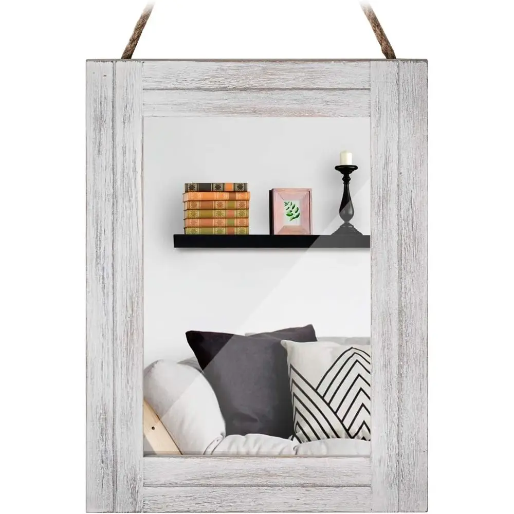 12x16 Distressed White Wood Mirror for Bathroom or Living Room with Hanging Rope, Rustic Vanity Decor