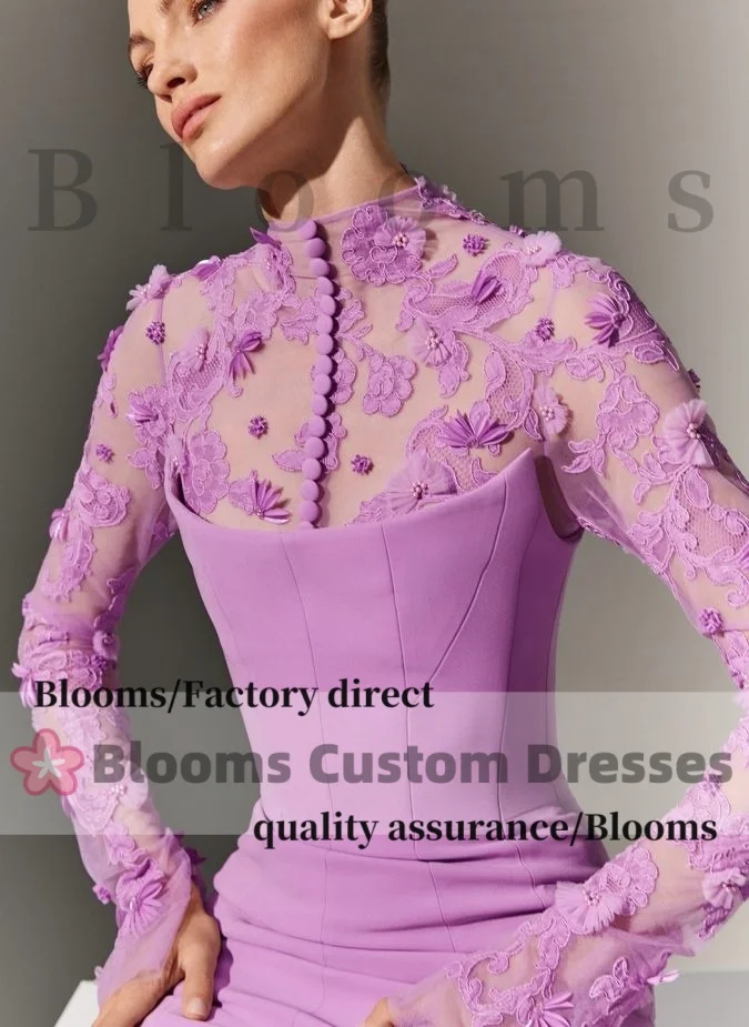 Blooms Customized Beaded Flower Lace Mermaid Prom Dress Long Sleeve Buttons Crepe Elegant Evening Dress Wedding Formal Gown