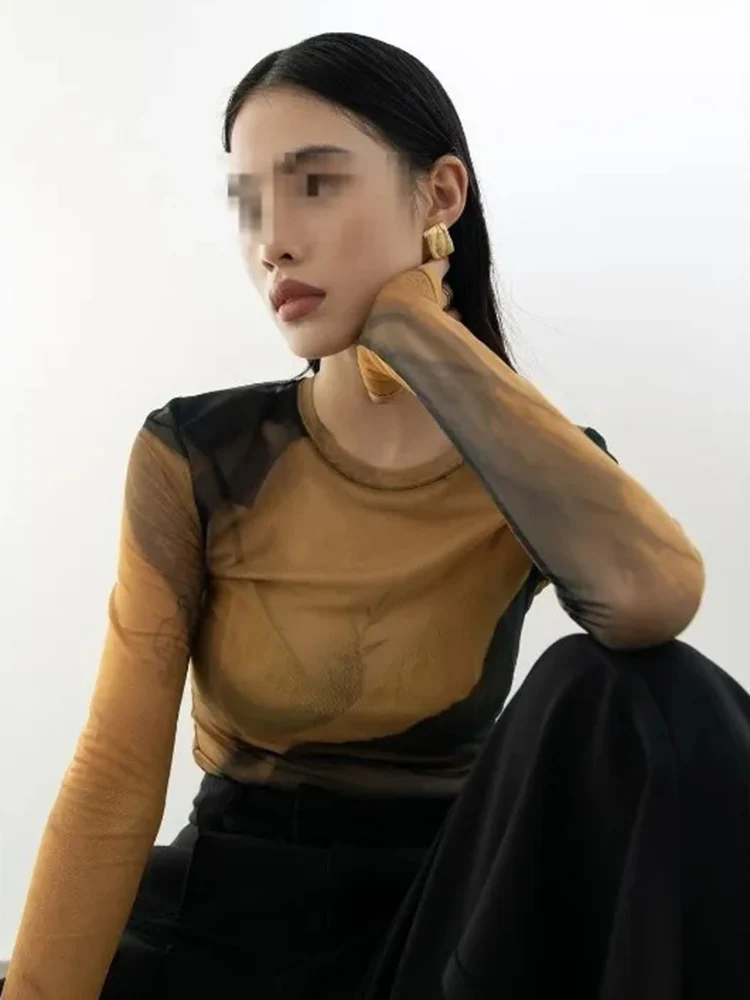 

Tie Dye Print Long Sleeve T-shirts Women Y2k Aesthetic Micro Transparent Slim Fit Thin Tops Harajuku Goth Ropa De Mujer