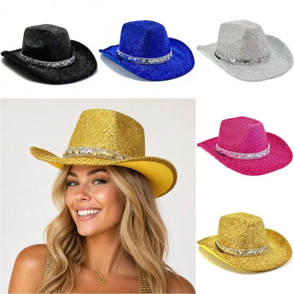 Cool Unisex Sequin Bowler Hat solid color Shine Glitter Western Cowboy Hat Cowgirl Hat Halloween Party