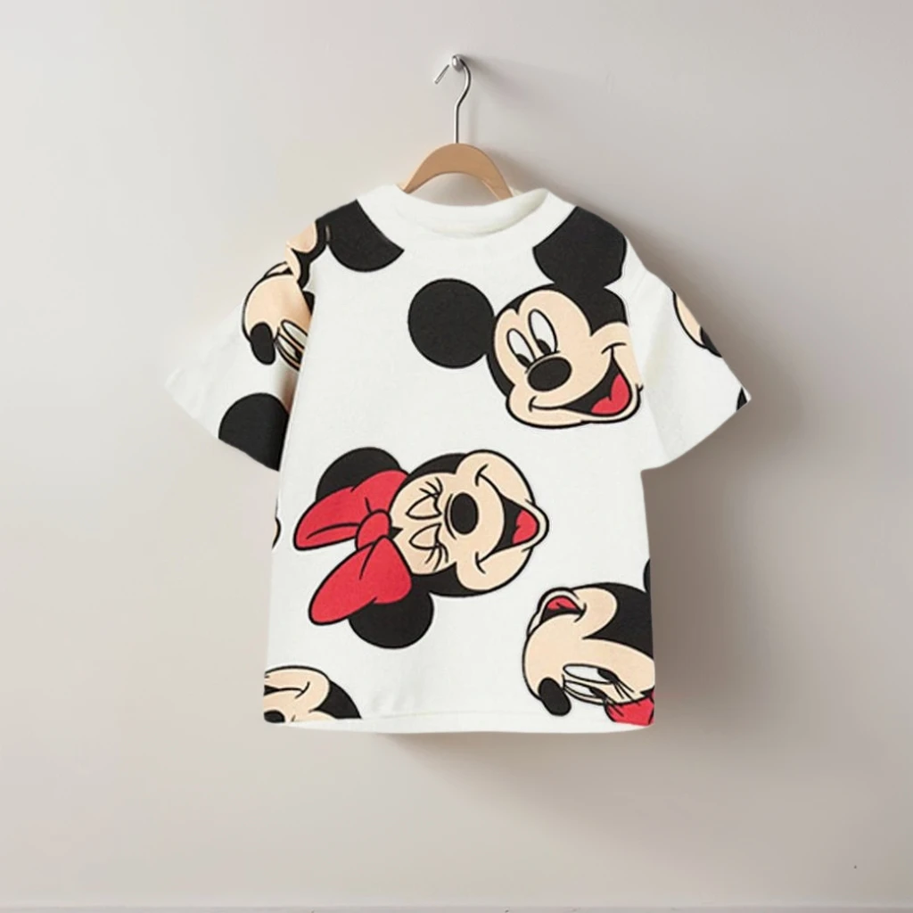 

Детская летняя футболка с круглым вырезом и короткими рукавами с полным принтом Диснея, повседневная одежда для отдыха, милый наряд на выход