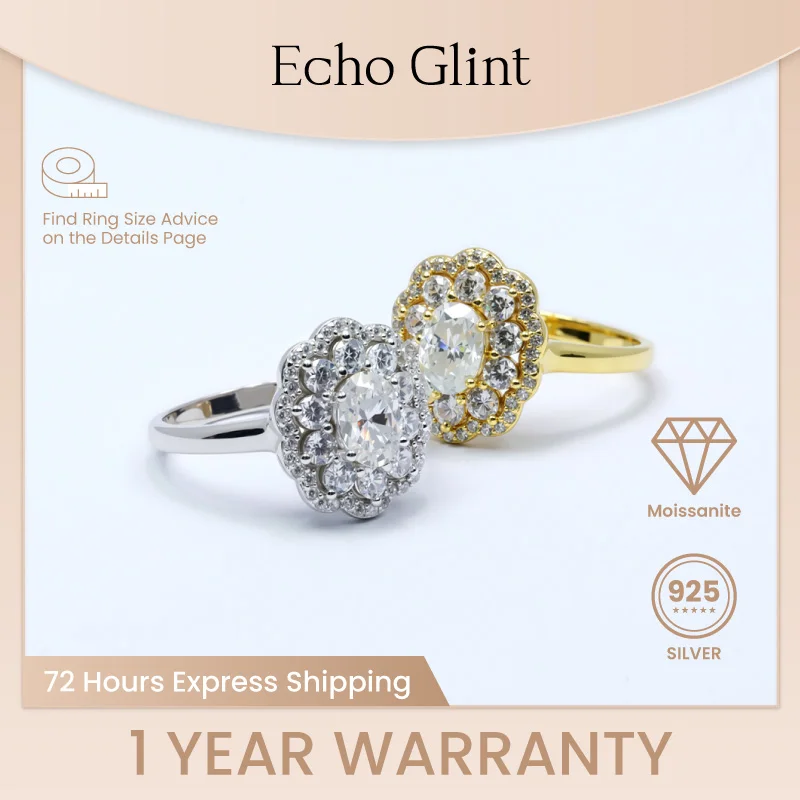 

Женские кольца с муассанитом овальной огранки Echo Glint 1 карат, стерлинговое серебро S925, винтажные элегантные цветочные дизайнерские свадебные украшения для Valenti