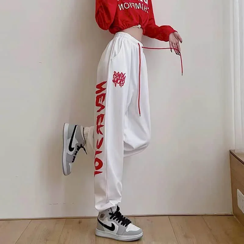 

Pop Jazz Women's Pants Printed Letter Casual High Street Y2k Pants Vintage Sweatpants Loose Women Clothing Sport Lace-up Baggy P