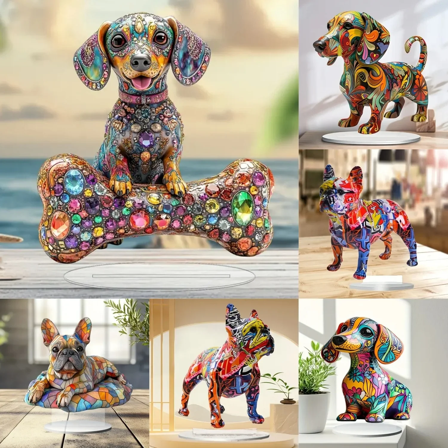 Boho Puppy Dog Statue,2D Flat  Acrylic Figurine,Home,Office,studio,Cafe,room,display Case,Table Ornament Desktop Decor Kit Gift
