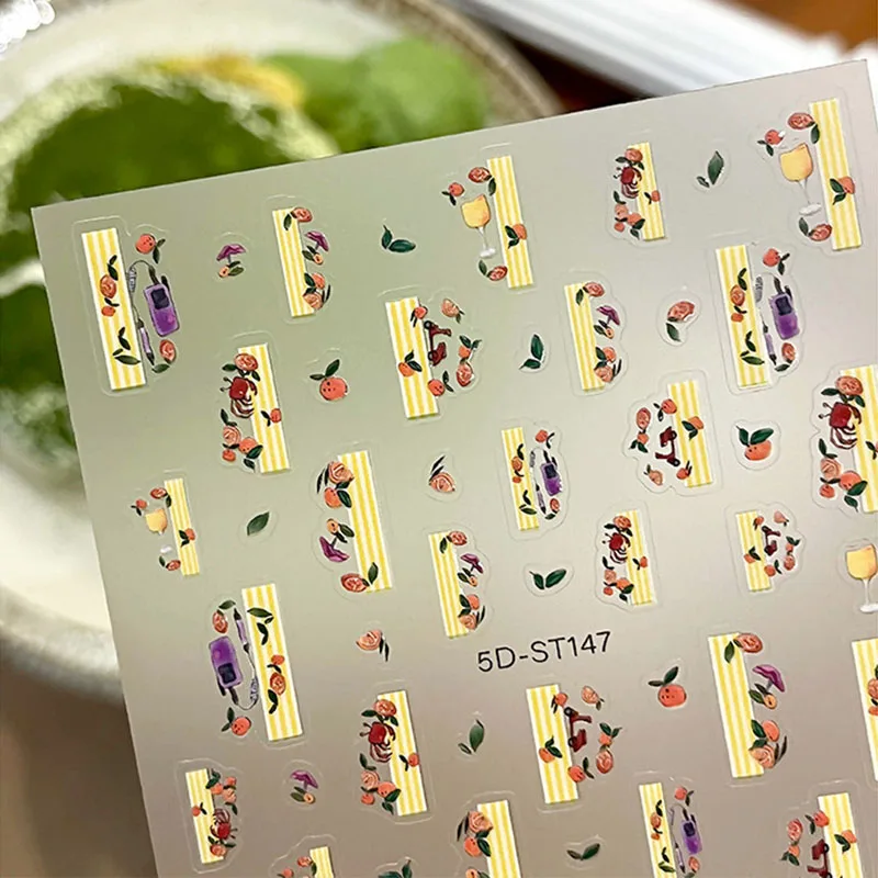 Pegatinas para uñas 5D: bonitos diseños de naranja, fruta, cangrejo, motocicleta y copa de vino para cosméticos, teléfonos, cámaras y álbumes de recortes