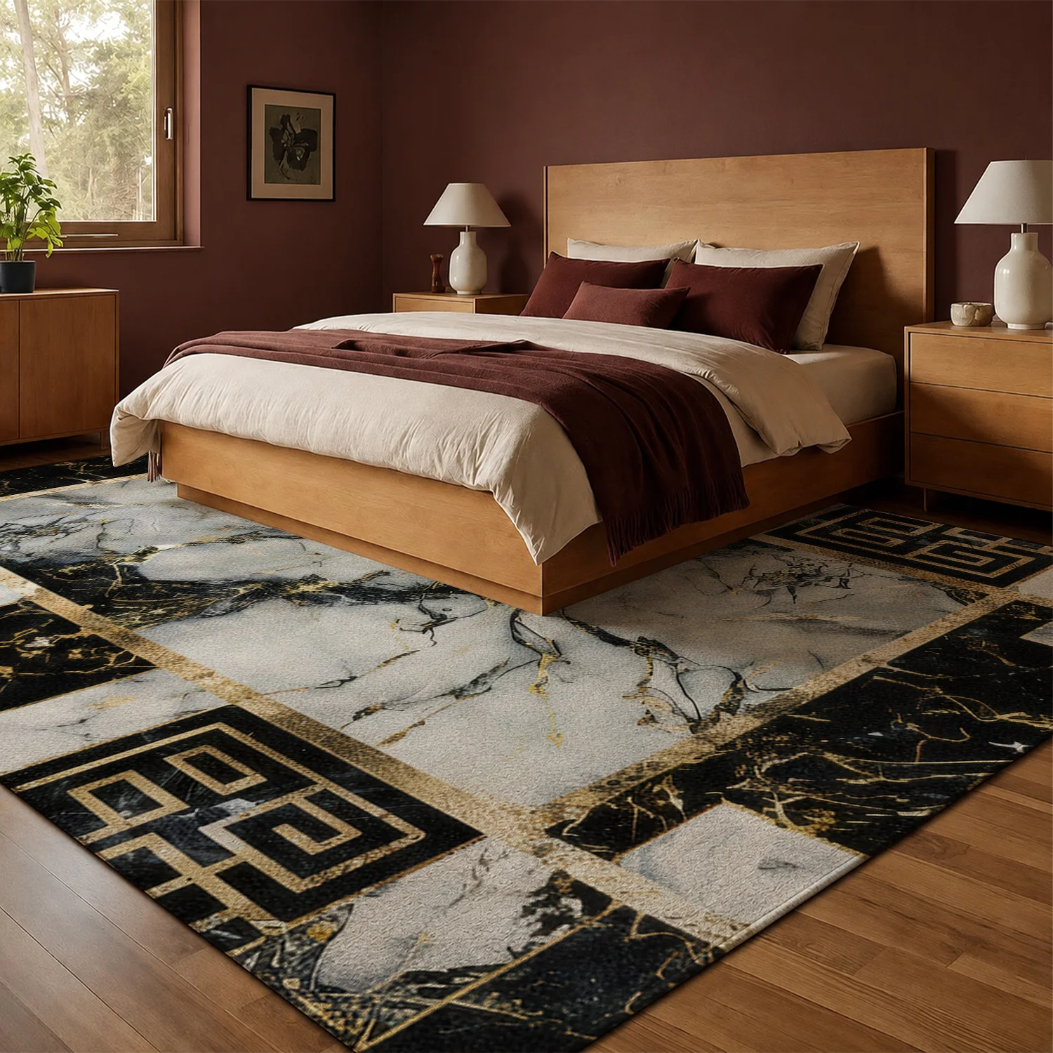 Large Indoor Area Rug, Soft Velvet Low Pile, Non-Slip Dotted Backing, Machine Washable, Black White Gold Marble Greek Key Pattern, Ideal for Living Room, Bedroom, Entryway