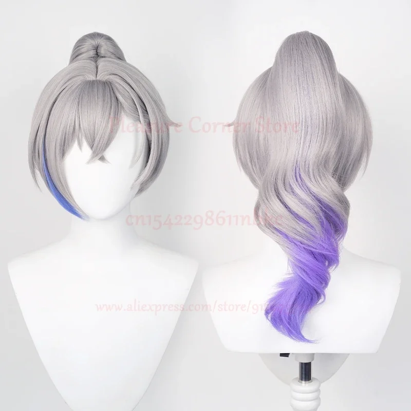 Honkai Star Rail Silver Wolf Cosplay Wig Glasses Earrings Hairclip Silver Mixed Blue Long Curly Wig Heat Resistant Cosplay wig