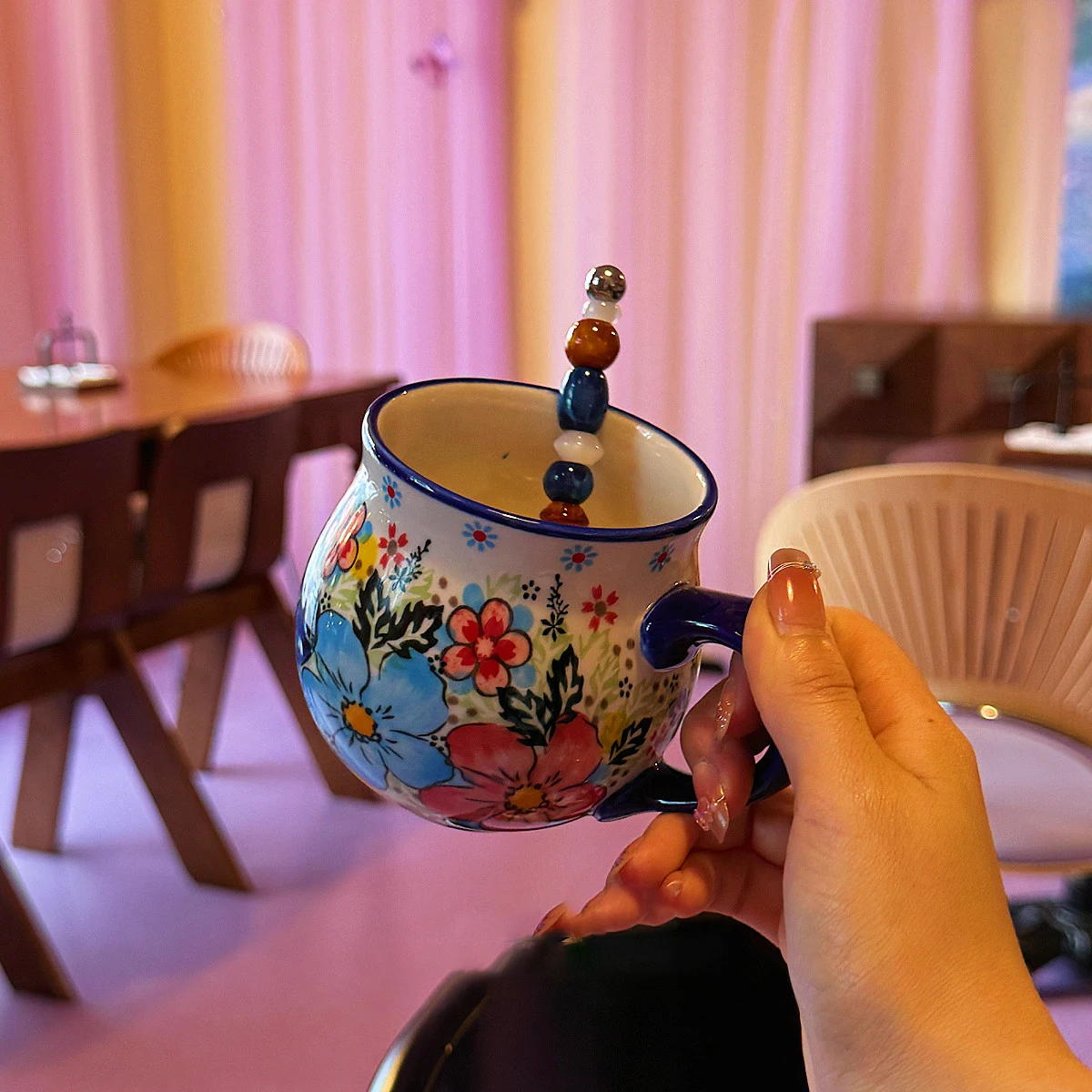 350ML Retro Polish Style Ceramic Coffee Mug Hand-painted Floral Pattern Water Cup With Spoon Tea Milk Drinkware Cup Gift