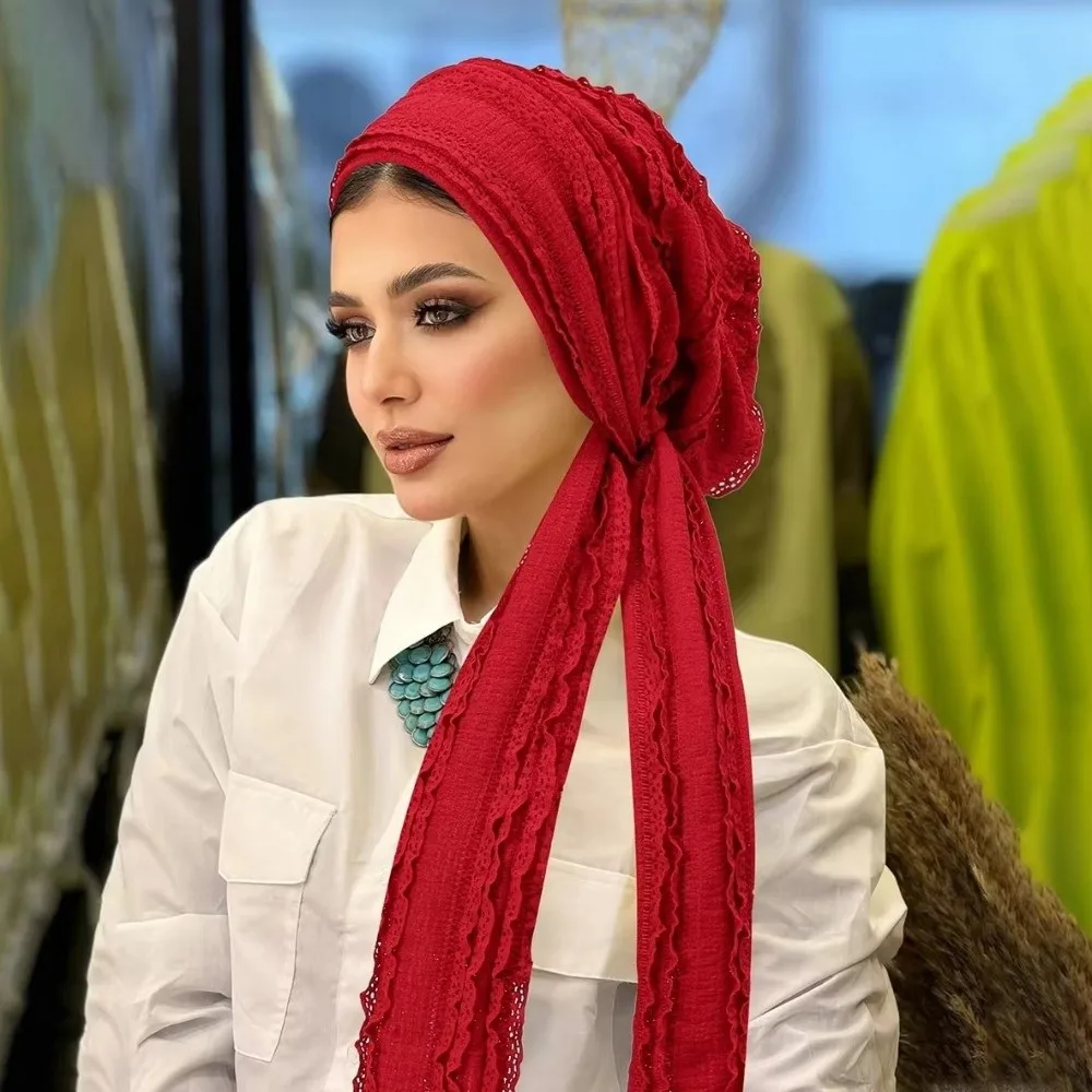 Adjustable Women Turban Hats Polyester Soft Stretch Solid Color Crinkle Hijabs Long Tail Tie Unicolor Wrinkle Headscarf Formal