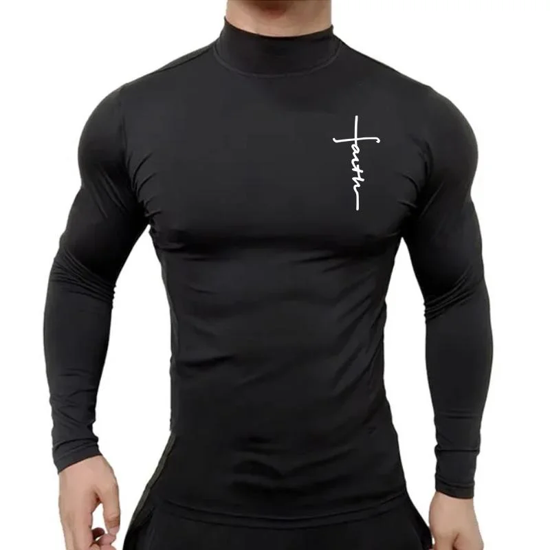 New Fashion Mens High Collar Long Sleeve T Shirt, Men\'s Fitness Workout Shirt Gym Training Tops Muscle Tees, Faith Graphic Tee