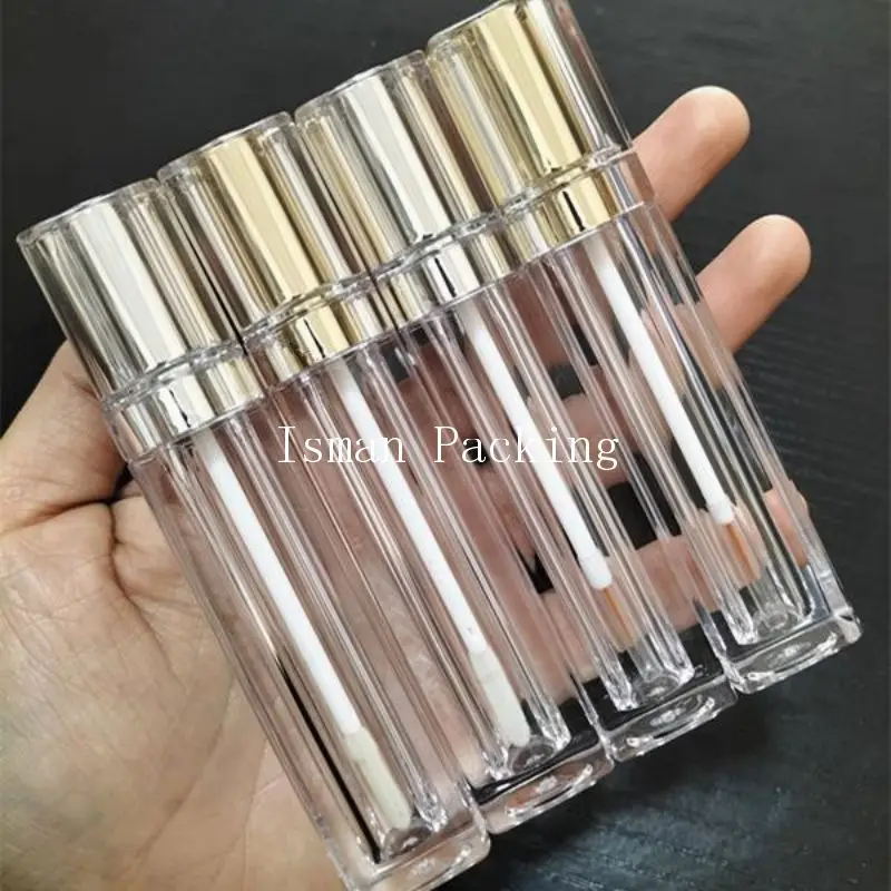 50pcs luxury square gold sliver top lipgloss container luxury clear eyeliner bottle packaging wand tubes with brush 8ml