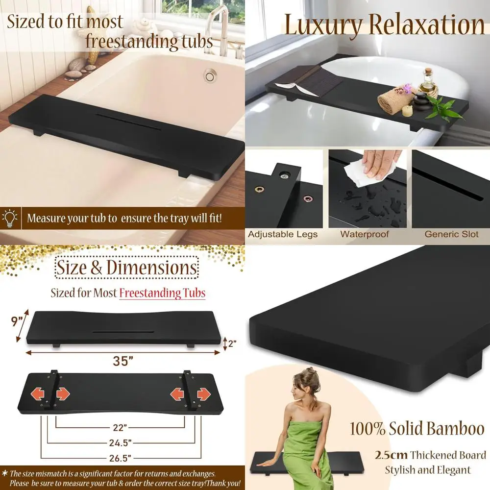 

Elegant Black Bamboo Bathtub Tray with Adjustable Legs, Sleek Design for Bath Accessories, Ideal for Relaxing Tub Experiences