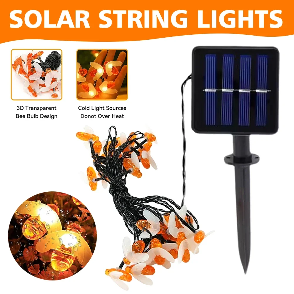 Solar String Lights 3D Transparent Bee Bulb Design Solar Powered Charge Lamp for Auto Work Lamp for Home Countyard Garden