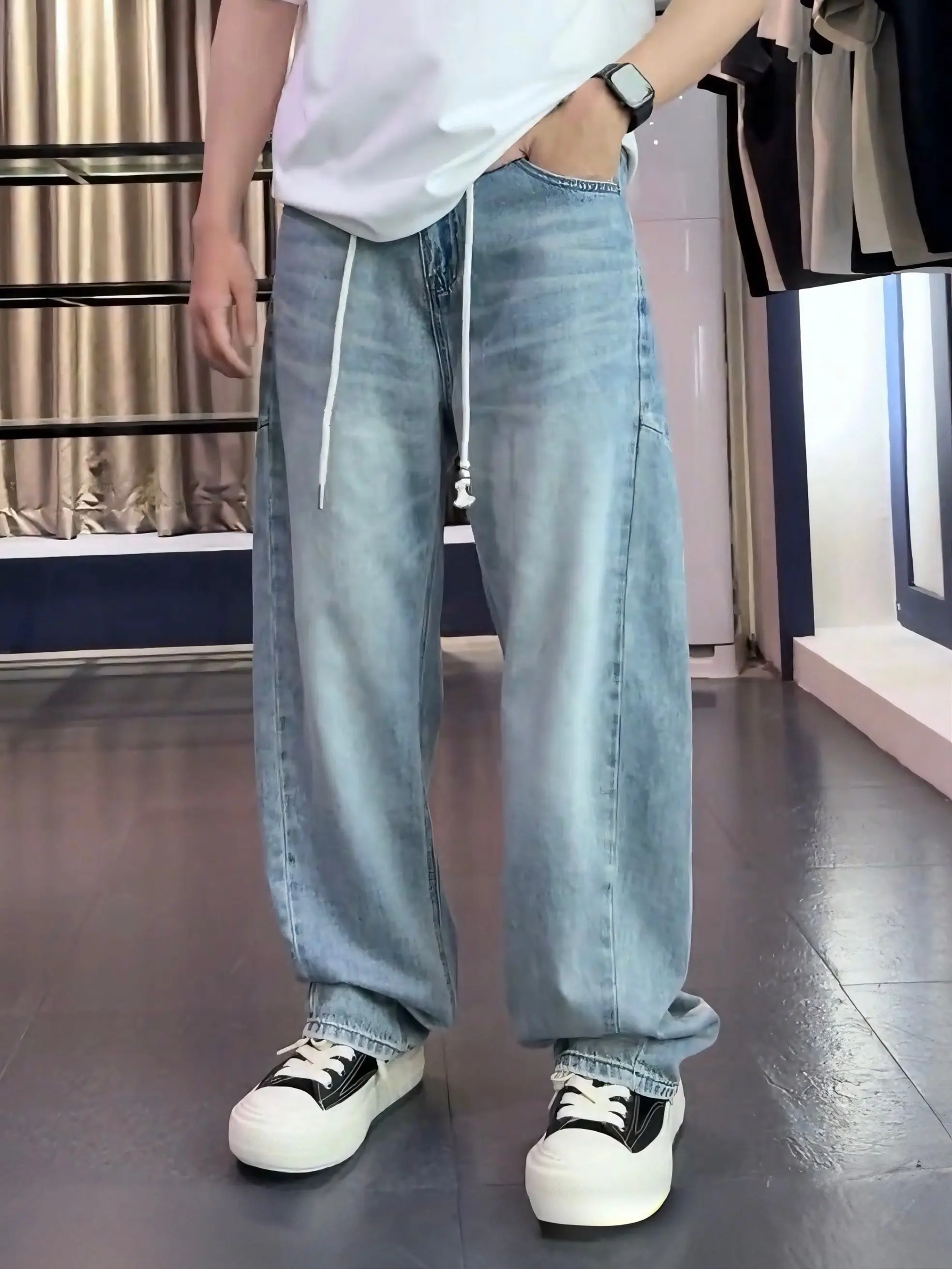 

Summer Thin Washed Ice Blue Knife Men's Retro American High Street Elastic Loose Breathable Straight Leg Jeans