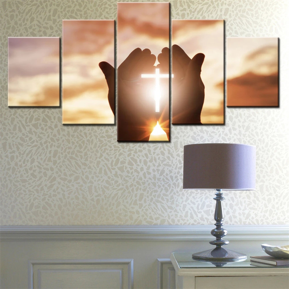 

5 Pieces Canvas Wall Arts Poster Painting Photography Christian Cross Sunlight Wallpaper Home Decor Picture Printing Interior