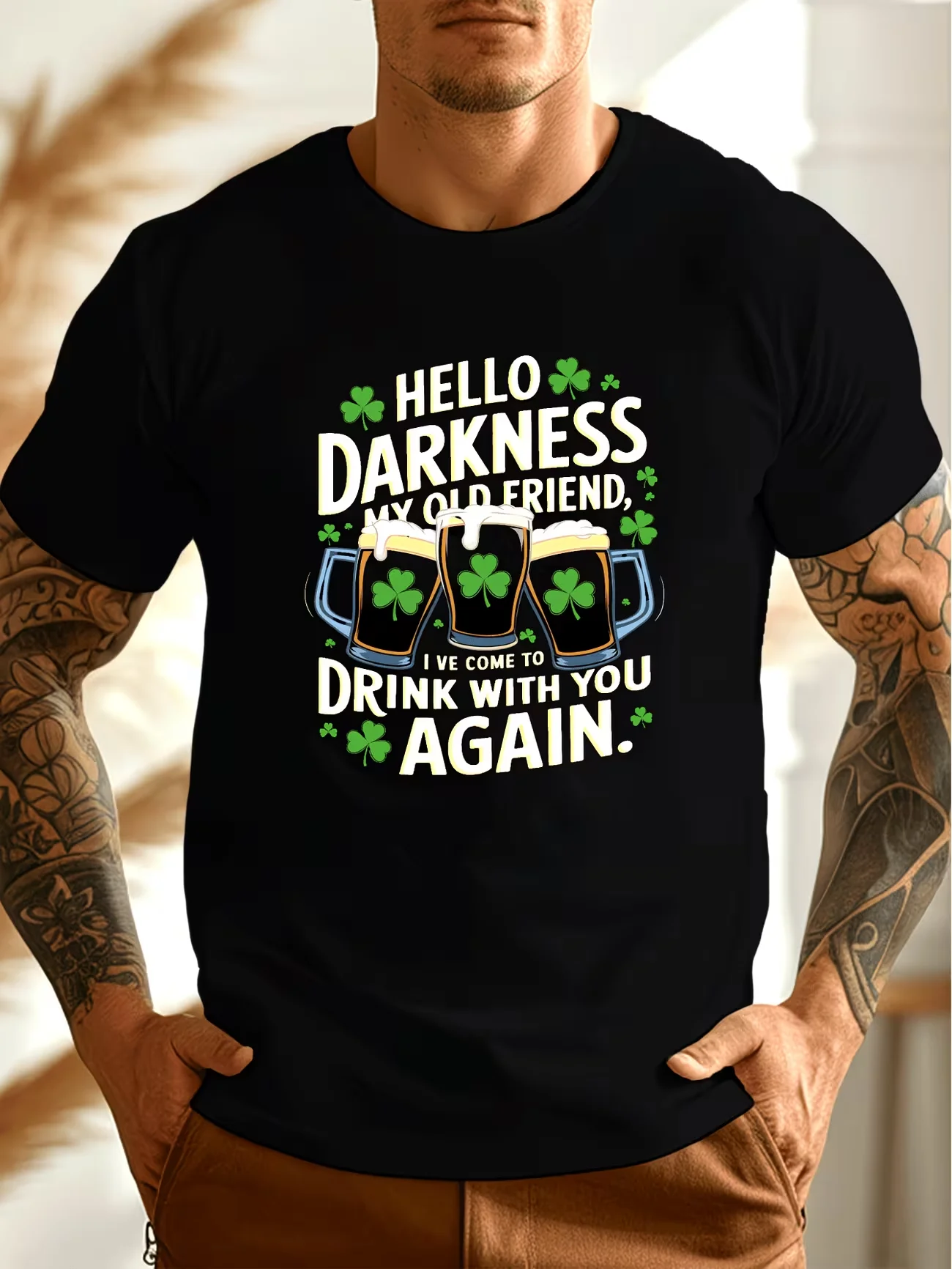 Men'S Hello Darkness My Old Friend Beer Mugs & Shamrocks T Shirt Cotton Tee Women Summer Novelty Oversize Casual  Streetwear Top