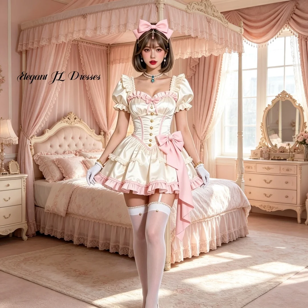 Vestido de Fiesta Kawaii Lolita Rosa y Blanco de Satén con Cuello Cuadrado, Mangas Abullonadas, Corsé con Lazo y Botones, Volantes en Capas, Corte en A, Personalizable para Cosplay