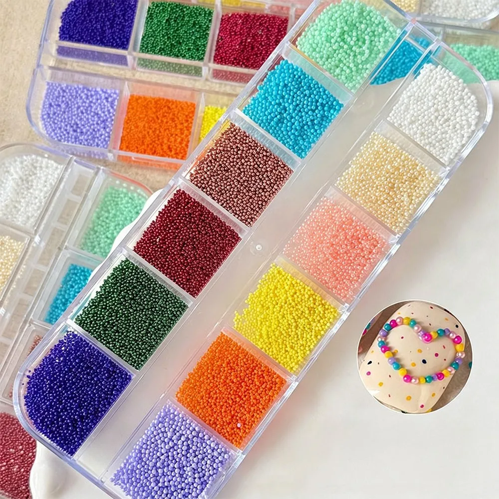 12Grids 3D  Dopamine Colorful Micro Caviar Nail Beads 0.8mm Colorful Mini Round Beads Nail Rhinestones Cute Nail Beads Charms D3
