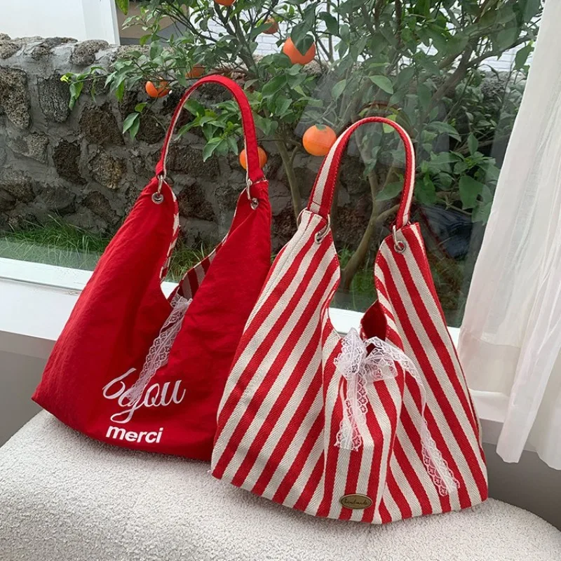 

Red & White Striped Canvas Bag, Lace Decor, Casual Tote for Daily/Travel, Stylish Shoulder Bag
