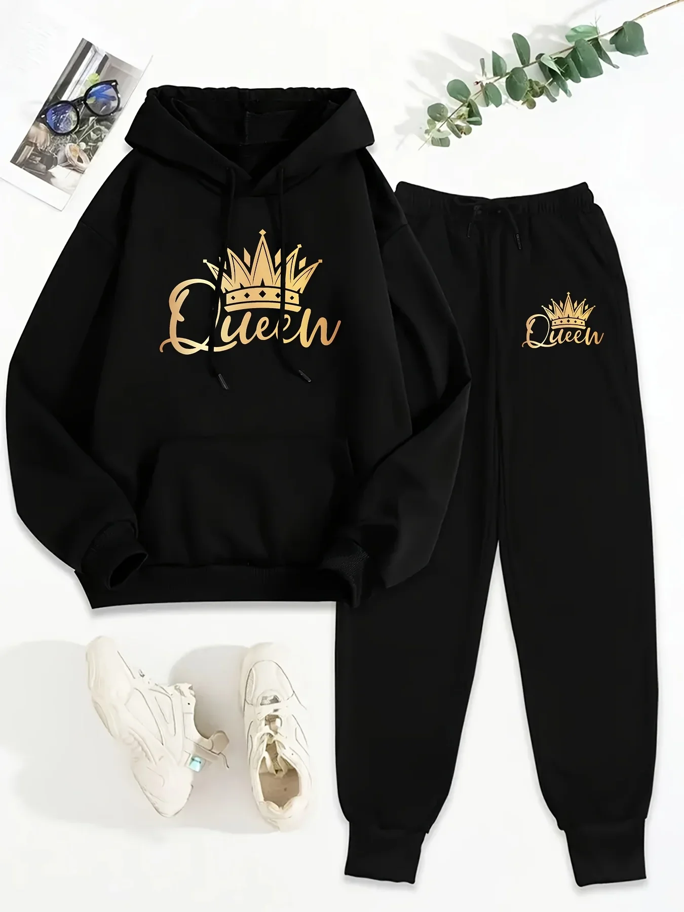 

2026 crown letter printed sportswear set men's hooded sweatshirt long pants set spring and autumn winter warm suit