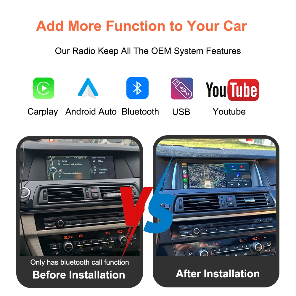 BONROAD 10.25' Wireless CarPlay Linux System Android Auto Multimedia Stereo Touch Screen Support Youtube For BMW 5 Series F10 F11 2011-2017 CIC NBT System