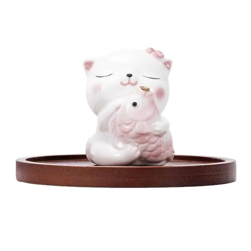 

Creative cute cat carp stand incense socket incense holder tray sandalwood insert incense base ceramic cat ornament