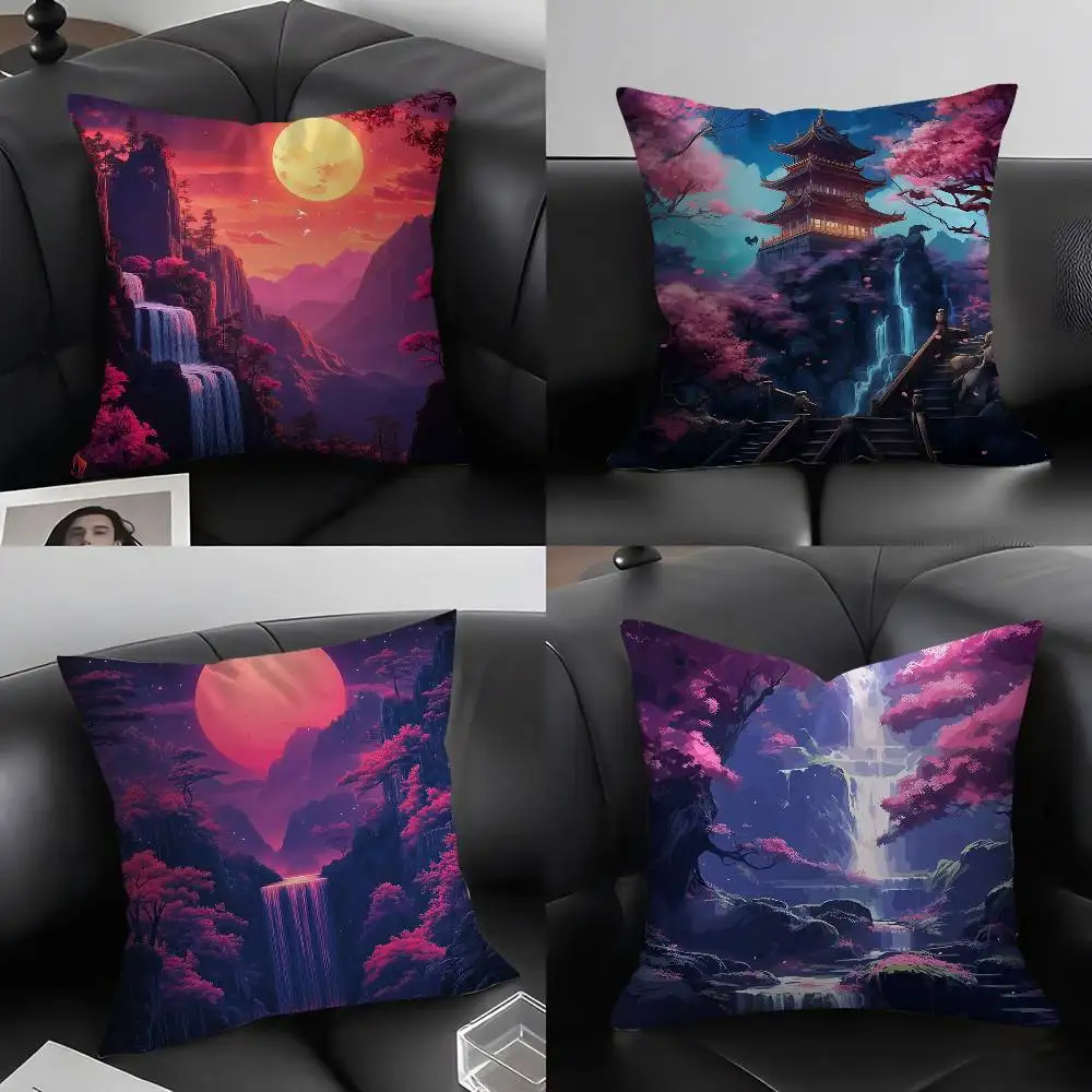 Cherry Blossom Japan Landscape Pillow Case Plush Fabric Soft Pillowcase Double Sided Print Cushion Cover Household Gifts