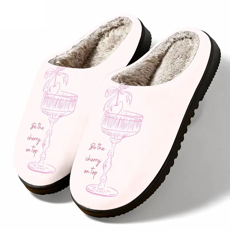 Cocktail Glass Pink Print Women's Winter Warm Plush Slippers Fuzzy Fleece House Slippers Indoor Shoes view 2