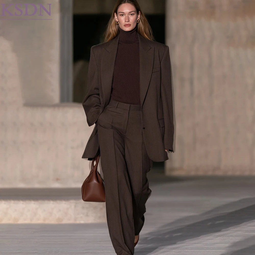 Modern Brown Oversized Women's Power Suits Elegant Single Breasted Blazer High Quality 2 Piece Jacket Pants For Business
