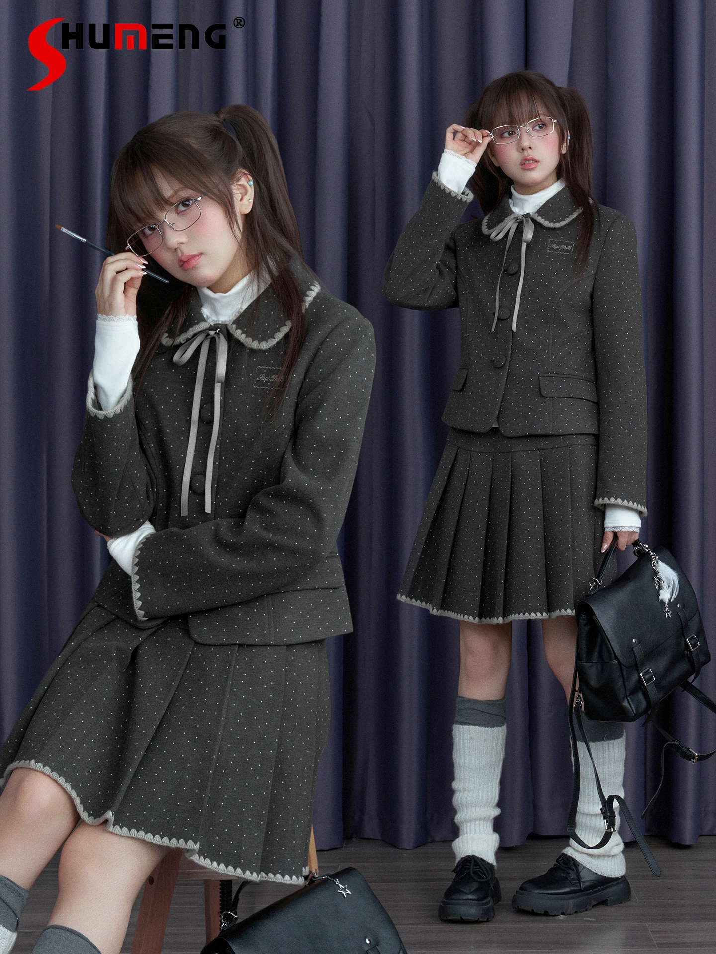 

Subculture Sweet Cool Preppy Style Серый горошек Однобортные тонкие куртки с высокой талией Плиссированная юбка трапециевидной формы Женский комплект из двух предметов