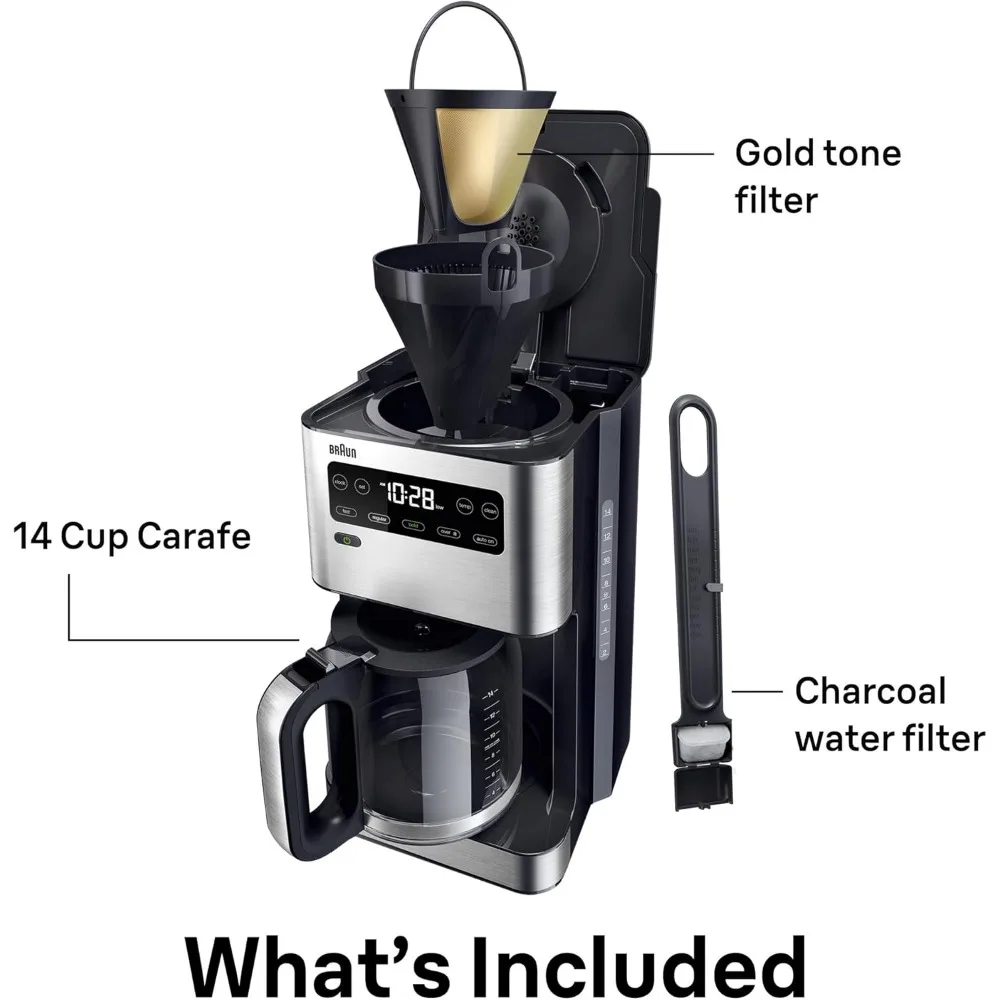 ماكينة صنع القهوة Braun PureFlavor 14 كوبًا قابلة للبرمجة - سرعة المشروب السريعة، شاشة تعمل باللمس، أوضاع جريئة ومخروطة على الجليد، FlavorCarafe & A