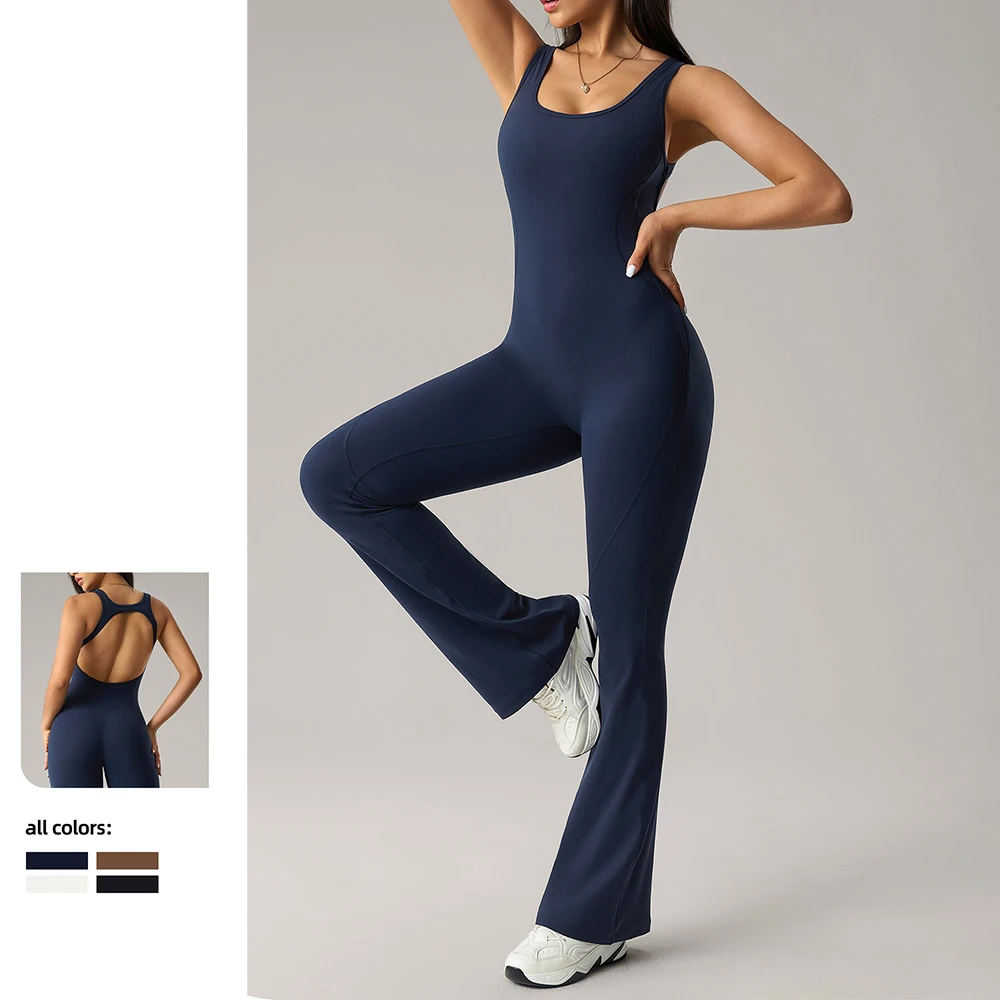 

‌Women's Flared Leg Yoga Bodysuit | Scoop Back Fitness Catsuit with Tummy Control | Contouring Workout Romper For Gym Dance