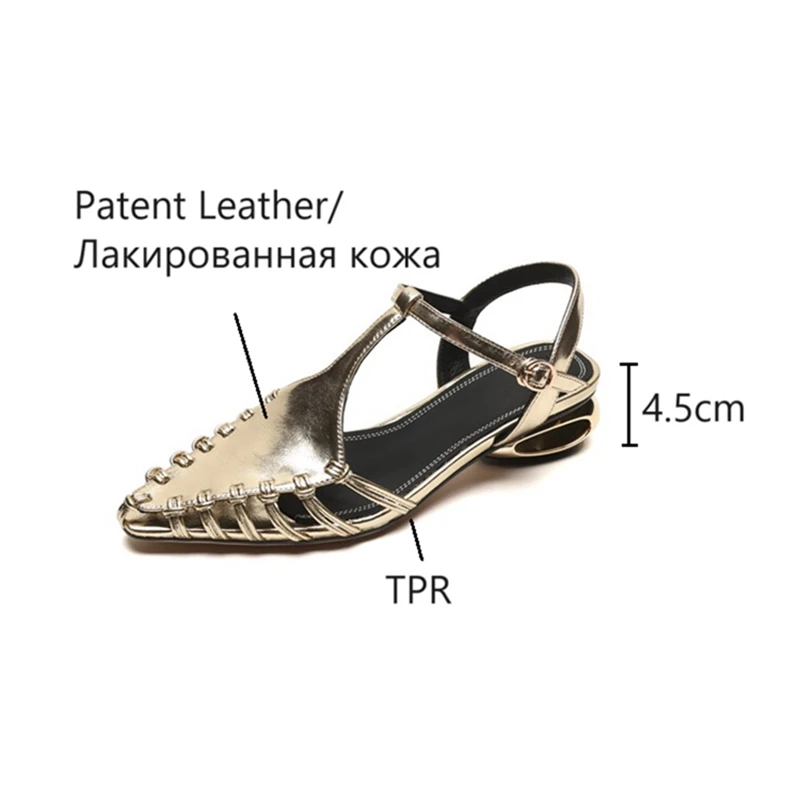 NEW Summer Women Sandals Patent Leather Shoes for Women Woven Hollow Roman Sandals Pointed Toe Chunky Heel Gold Designer Sandals