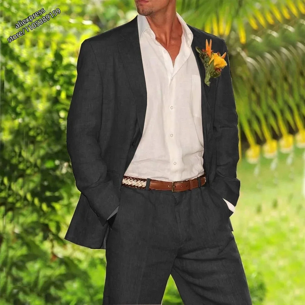 

2026 Linen Men's Four Seasons Fashion Suit Notched Lapel 2 Pieces Coat Set Groom Elegant Tuxedo Wedding Costume Male