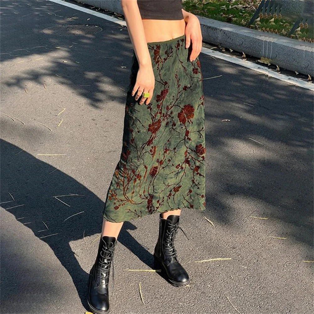 Harajuku Floral Print Long Skirt Women Female Low Rise Straight Midi Skirts Autumn Casual Ladies Skirts