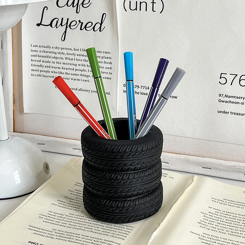 Creative Tire Pen Holder Home Desktop Storage Decoration Student Stationery Makeup Brush Storage Boxed Accessories Organizer