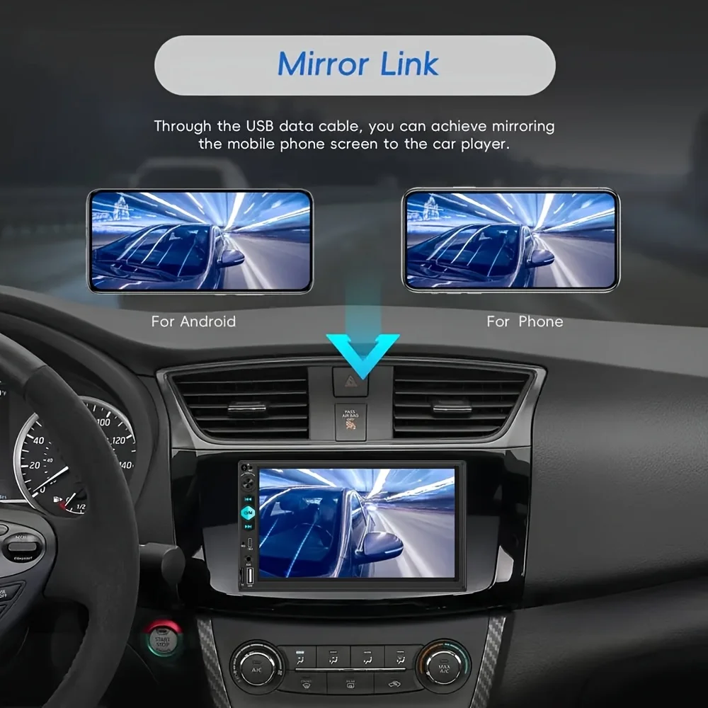 2DIN 7 بوصة سيارة مشغل MP5 شاشة تعمل باللمس راديو ستيريو قابل للتعديل عكس الكاميرا اللاسلكية مرآة ربط FM USB/TF بطاقة/AUX/Type-C