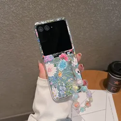 For Motorola Razr 40 50 60 70 Ultra Plus 60U Case Floral Transparent Folding with Bracelet Shockproof Hard Cover Accessories
