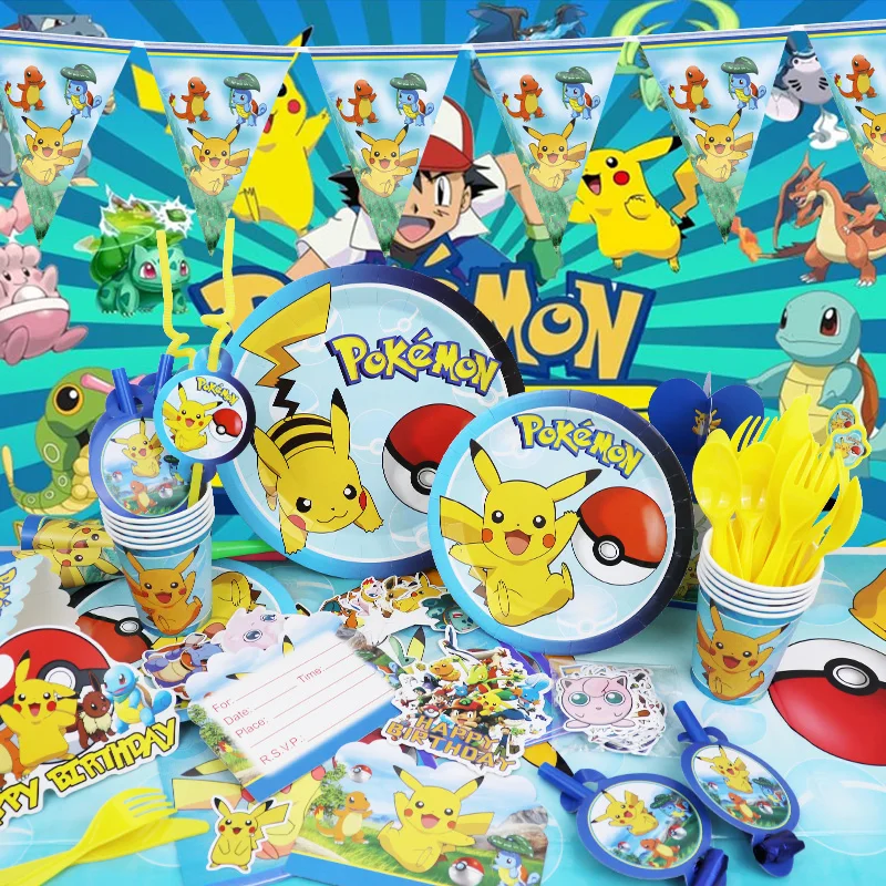 Decoración de fiesta de cumpleaños de Pokémon, globo de Pikachu relámpago para niños, suministros de eventos, vajilla desechable, pancarta de fondo