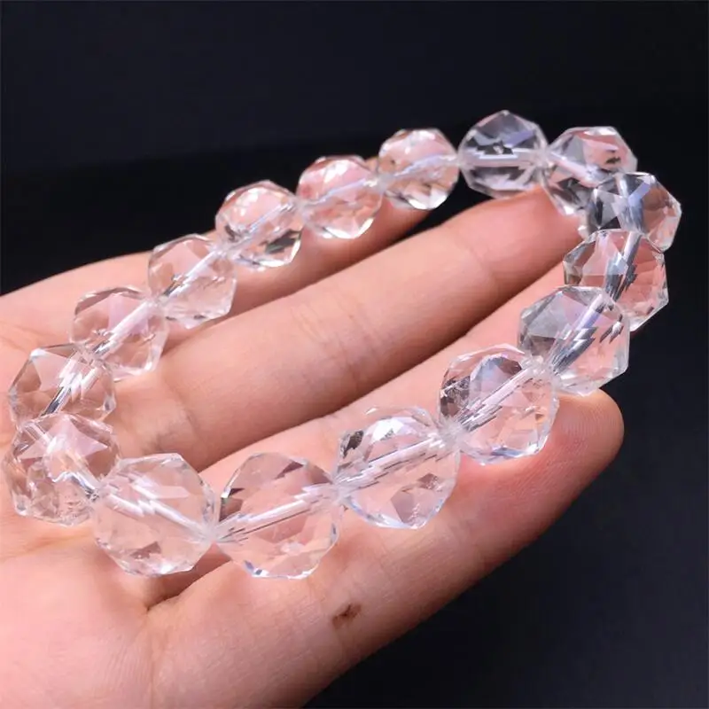 

12MM Natural Clear Quartz Facet Bead Bracelet Gemstone Fashion Crystal Healing For Women Jewelry Wrist Gift 1PCS