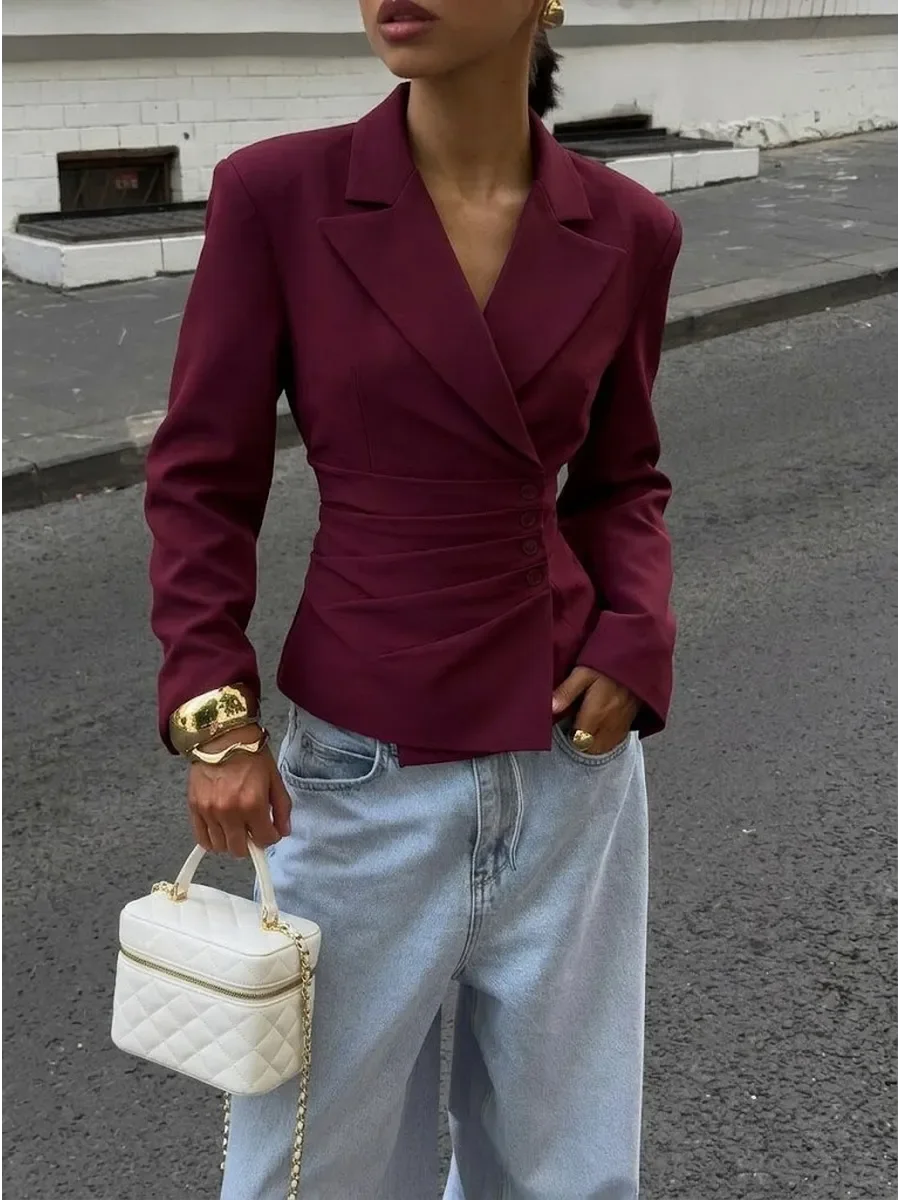LIMO Notched Lapel Wrap Blazer Ruched Waist Side Button Detail Slim Fitted Long Sleeve Women Elegant Cropped Suit Jacket