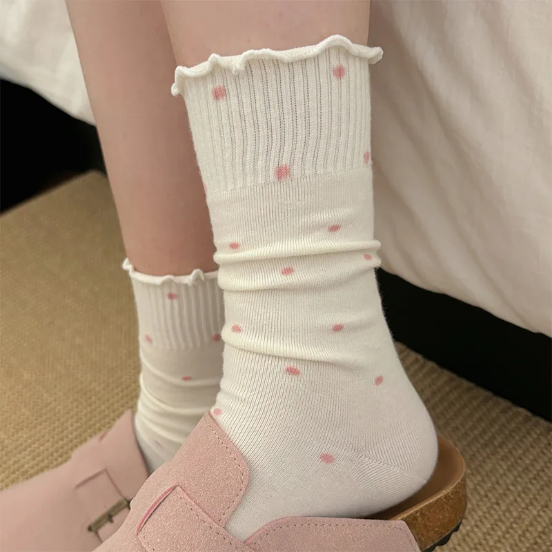 5/10 Paar Damen-Socken mit Wellenkante und Punktmuster, modisch, für Frühling und Herbst, Ballett-Stil, weich, bequem, für alle Jahreszeiten, Freizeitsocken – Detail 5