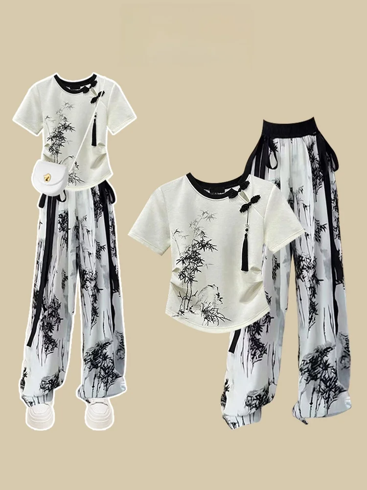 

Новый повседневный комплект одежды Hanfu в китайском стиле ort Sve Top и брюки Water-Media Dra, комплект из двух предметов для похудения для женщин