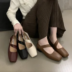 Bailamos New Brand Women Flat Shoes Fashion Square Toe Shallow Mary Jane Shoes Flat Heel Casual Soft Leather Ballet Shoe