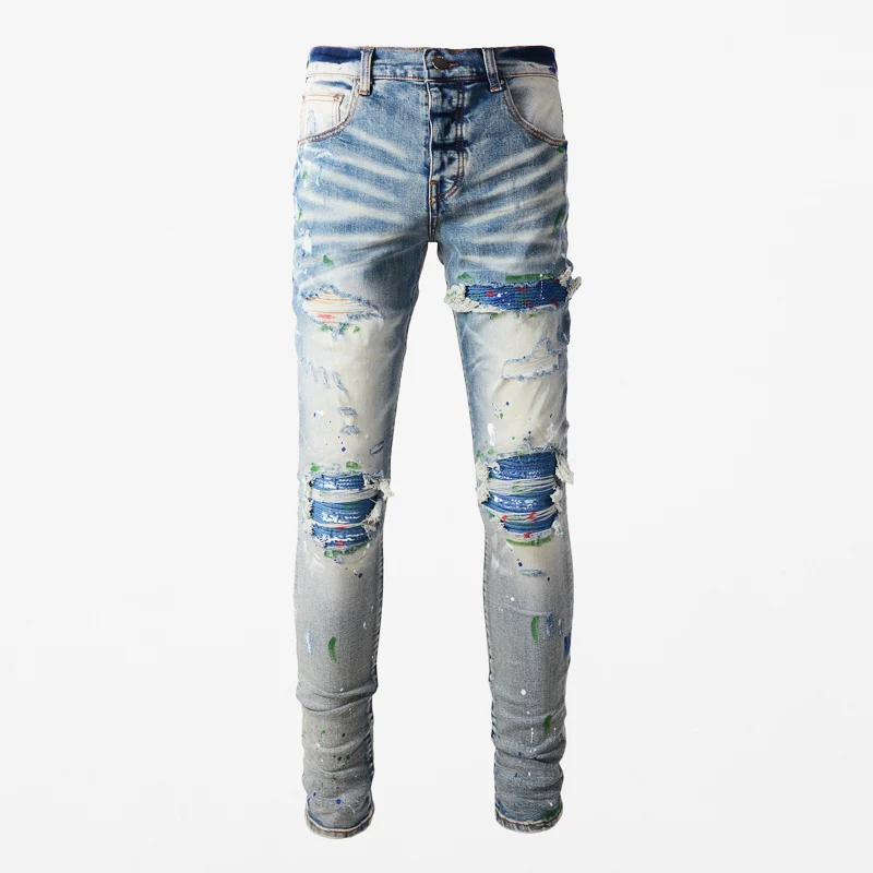 Designer street fashion men's retro light blue jeans elastic tight split painted jeans men's patchwork hip-hop brand pants Hombr