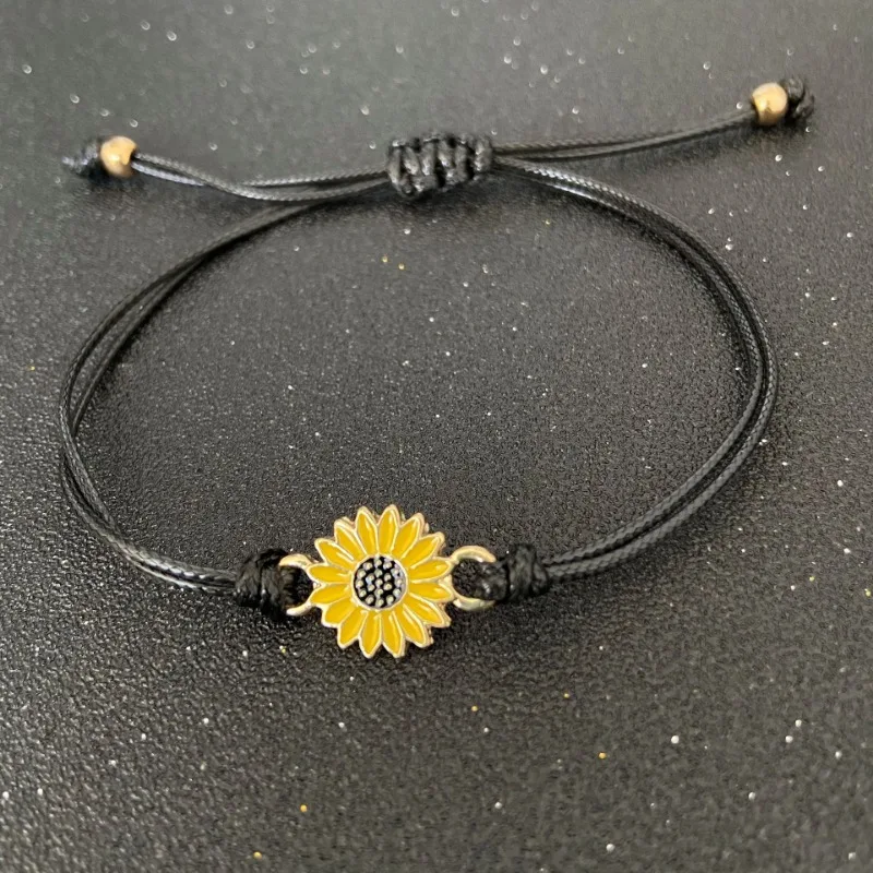 Fashion Sunflower Bracelets Handmade Braided with Black Oil Drip Rope Charm Friendship Wish Card Bangle Couple Alloy Jewelry