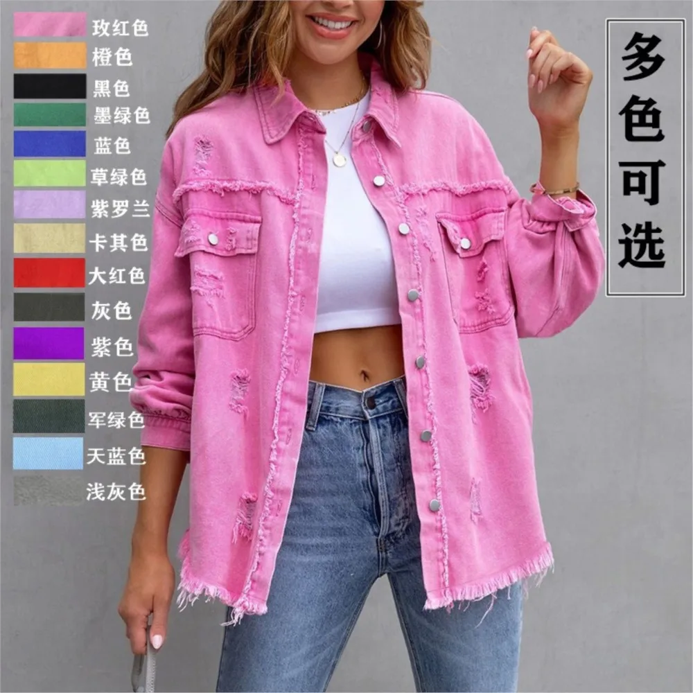 New Torn Denim Jacket Women Shirt Style Pockets Jeancoat Spring Autumn Female Top Casual Holiday Outerwear Lady Student Jacket