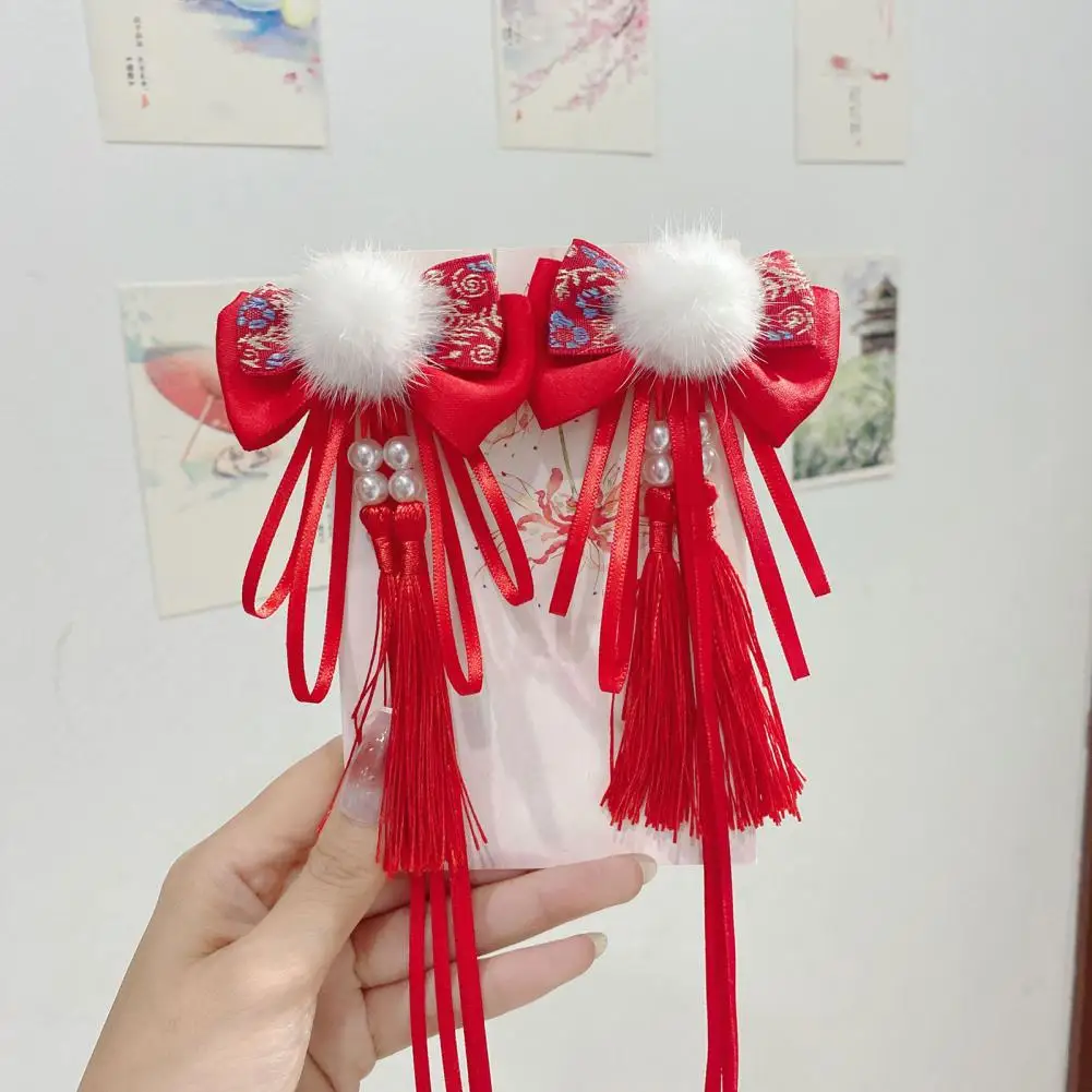 Spring Festival Hair Clip Chinese Style Bowknot Hair Clip with Fuzzy Pompoms Tassels for Women Girls Kids Spring Festival Hair