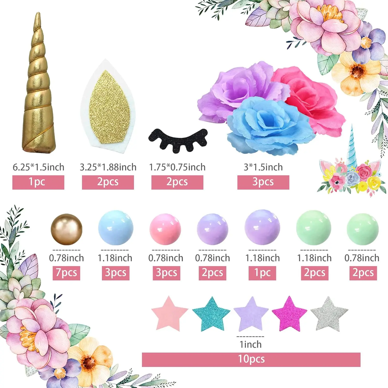 38-teiliges Einhorn-Kuchenaufsatz, Einhorn-Kuchendekorationen mit Blumen, Kugeln, Sternen, für Jungen und Mädchen, Geburtstagsfeier, Babyparty-Zubehör – Detail 2